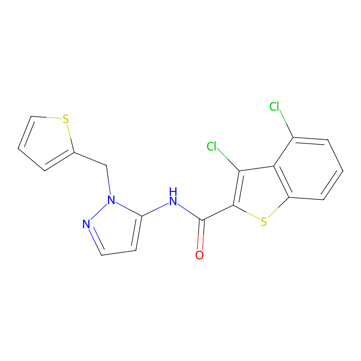 3,4-dichloro-N-[1-(thiophen-2-ylmethyl)-1H-pyrazol-5-yl]-1-benzothiophene-2-carboxamide molecular structure, CAS 1171810-03-9