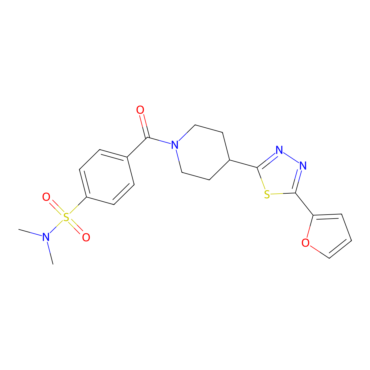4-(4-(5-(furan-2-yl)-1,3,4-thiadiazol-2-yl)piperidine-1-carbonyl)-N,N-dimethylbenzenesulfonamide molecular structure, CAS 1171810-04-0