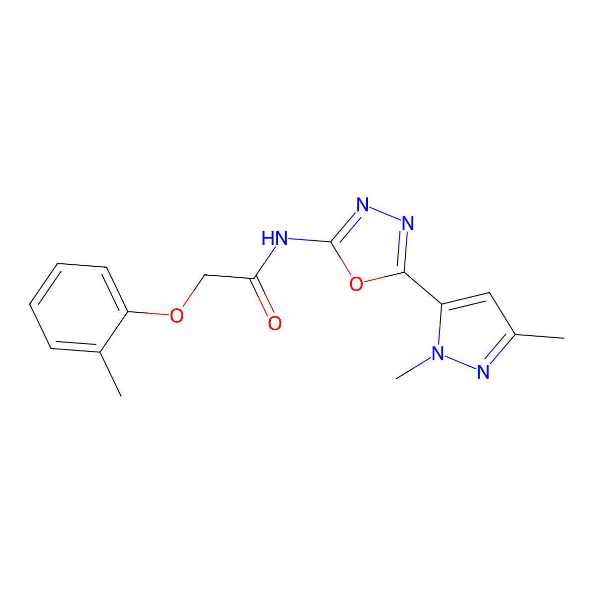 N-(5-(1,3-dimethyl-1H-pyrazol-5-yl)-1,3,4-oxadiazol-2-yl)-2-(o-tolyloxy)acetamide molecular structure, CAS 1171811-52-1