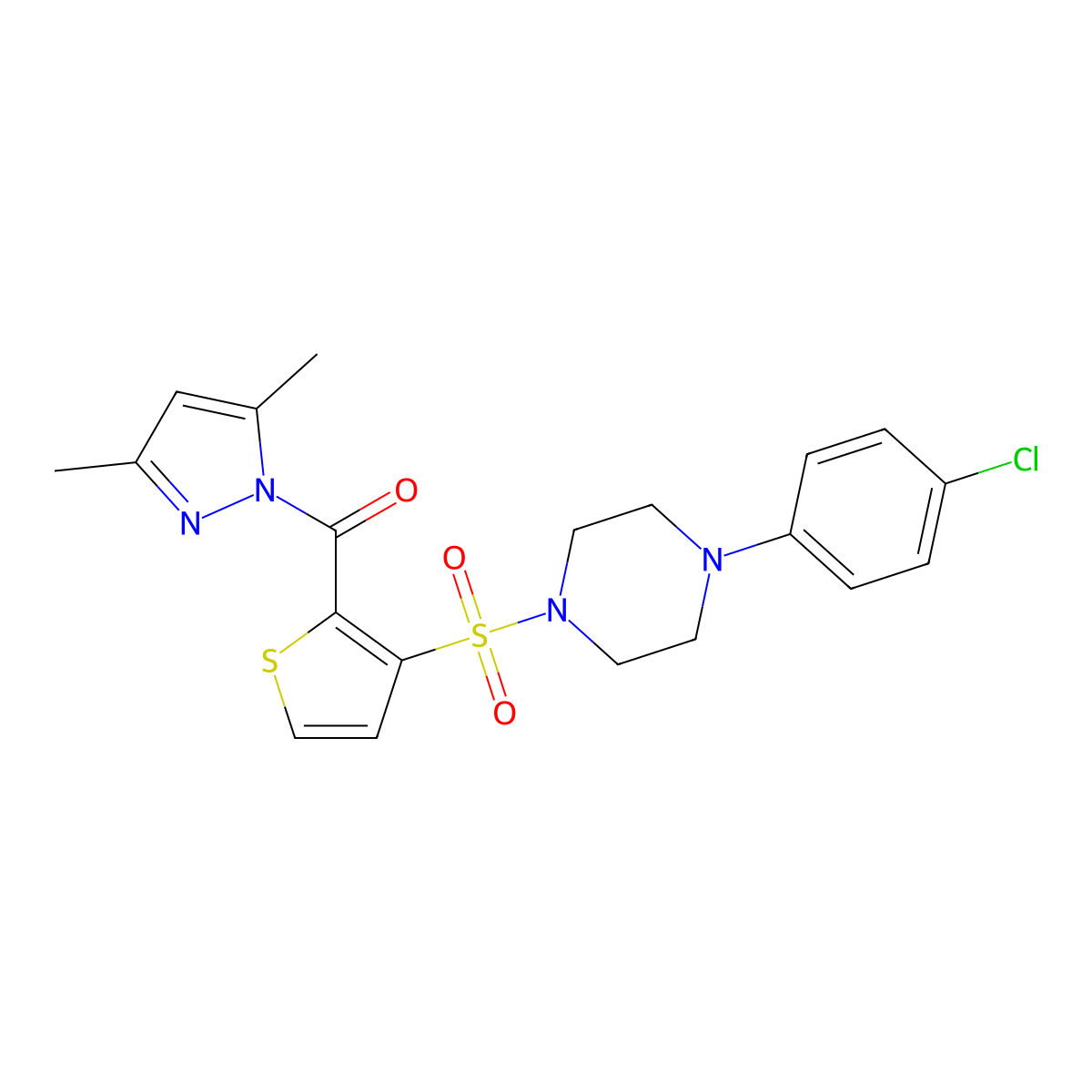 (3-{[4-(4-chlorophenyl)piperazin-1-yl]sulfonyl}thiophen-2-yl)(3,5-dimethyl-1H-pyrazol-1-yl)methanone molecular structure, CAS 1171812-17-1