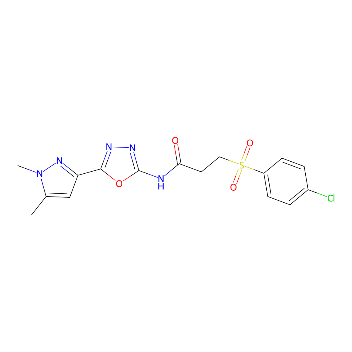 3-((4-chlorophenyl)sulfonyl)-N-(5-(1,5-dimethyl-1H-pyrazol-3-yl)-1,3,4-oxadiazol-2-yl)propanamide molecular structure, CAS 1171825-88-9