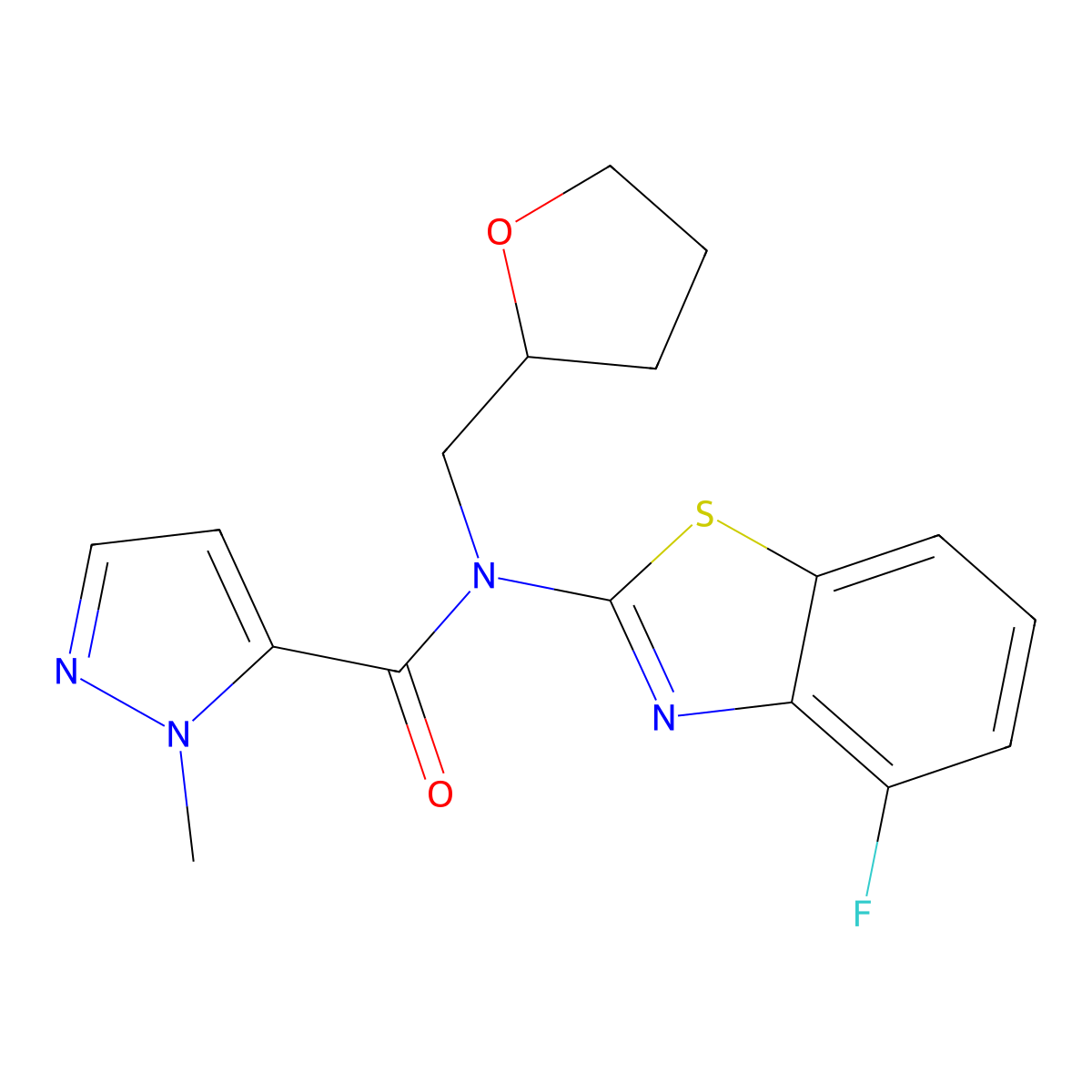 N-(4-fluorobenzo[d]thiazol-2-yl)-1-methyl-N-((tetrahydrofuran-2-yl)methyl)-1H-pyrazole-5-carboxamide molecular structure, CAS 1171826-23-5