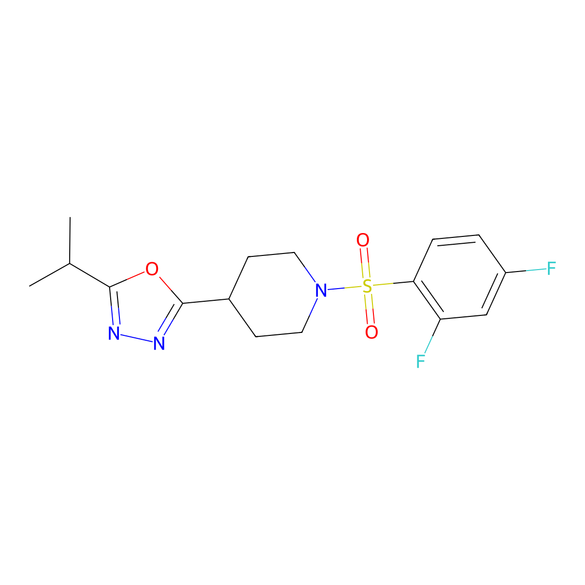 2-(1-((2,4-Difluorophenyl)sulfonyl)piperidin-4-yl)-5-isopropyl-1,3,4-oxadiazole molecular structure, CAS 1171827-73-8