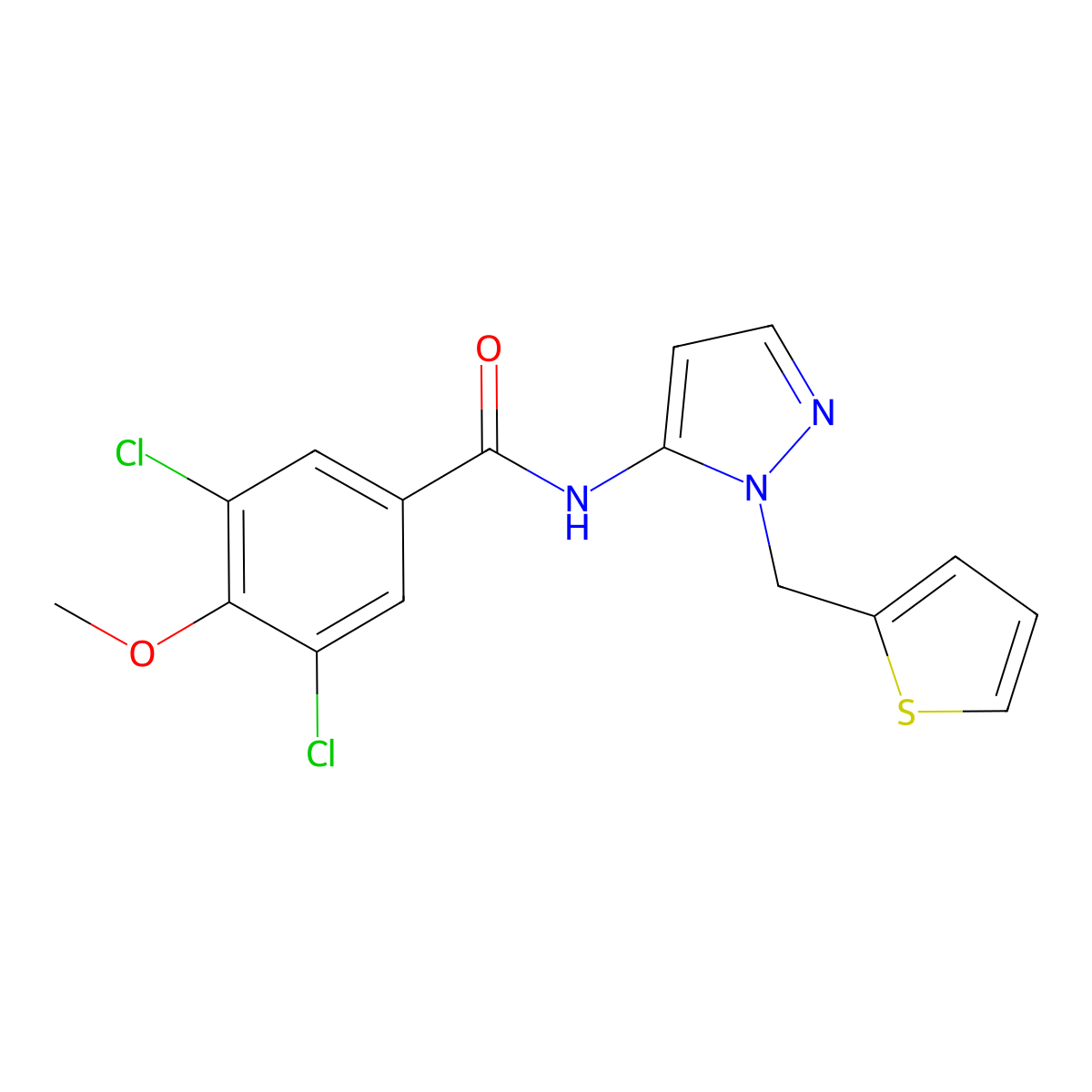 3,5-dichloro-4-methoxy-N-[1-(thiophen-2-ylmethyl)-1H-pyrazol-5-yl]benzamide molecular structure, CAS 1171833-14-9