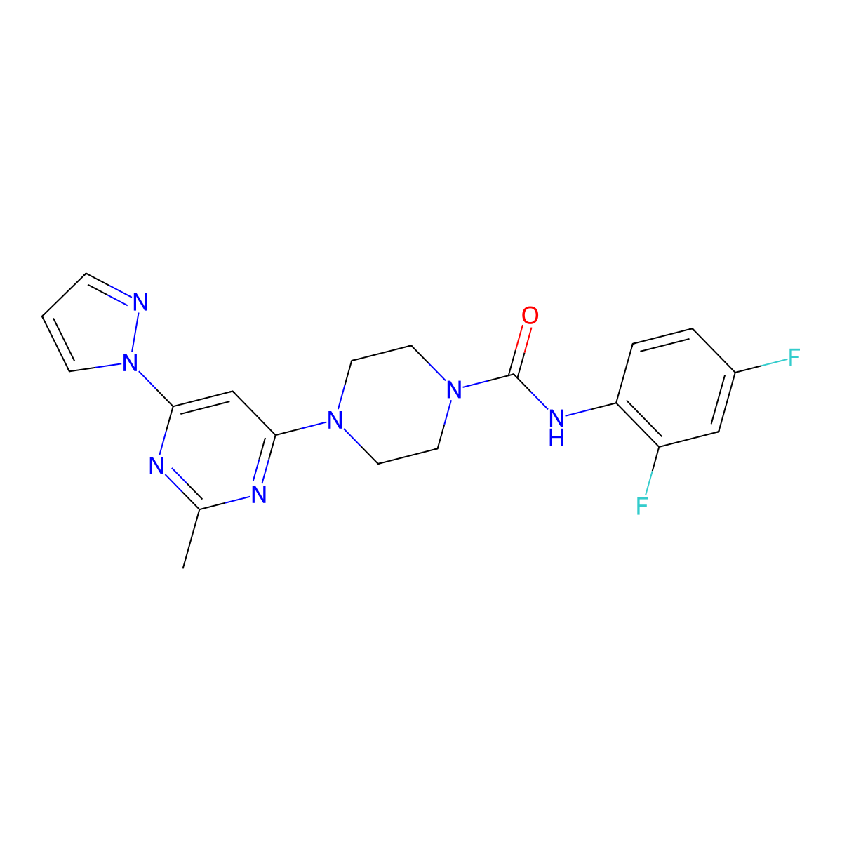 N-(2,4-difluorophenyl)-4-(2-methyl-6-(1H-pyrazol-1-yl)pyrimidin-4-yl)piperazine-1-carboxamide molecular structure, CAS 1171835-94-1