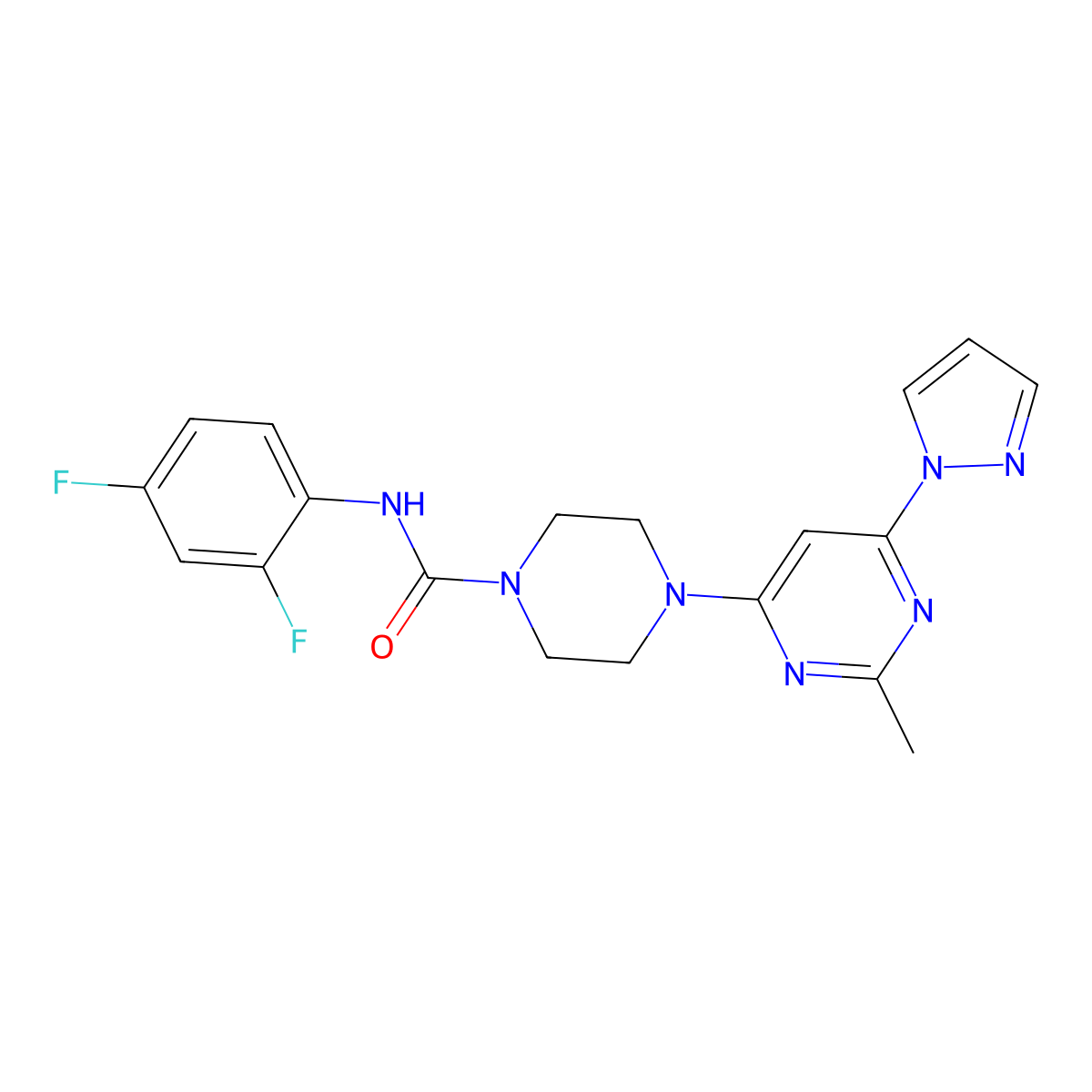 N-(2,4-difluorophenyl)-4-(2-methyl-6-(1H-pyrazol-1-yl)pyrimidin-4-yl)piperazine-1-carboxamide molecular structure, CAS 1171835-94-1