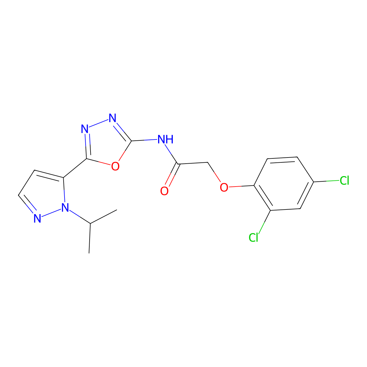 2-(2,4-dichlorophenoxy)-N-(5-(1-isopropyl-1H-pyrazol-5-yl)-1,3,4-oxadiazol-2-yl)acetamide molecular structure, CAS 1171837-11-8