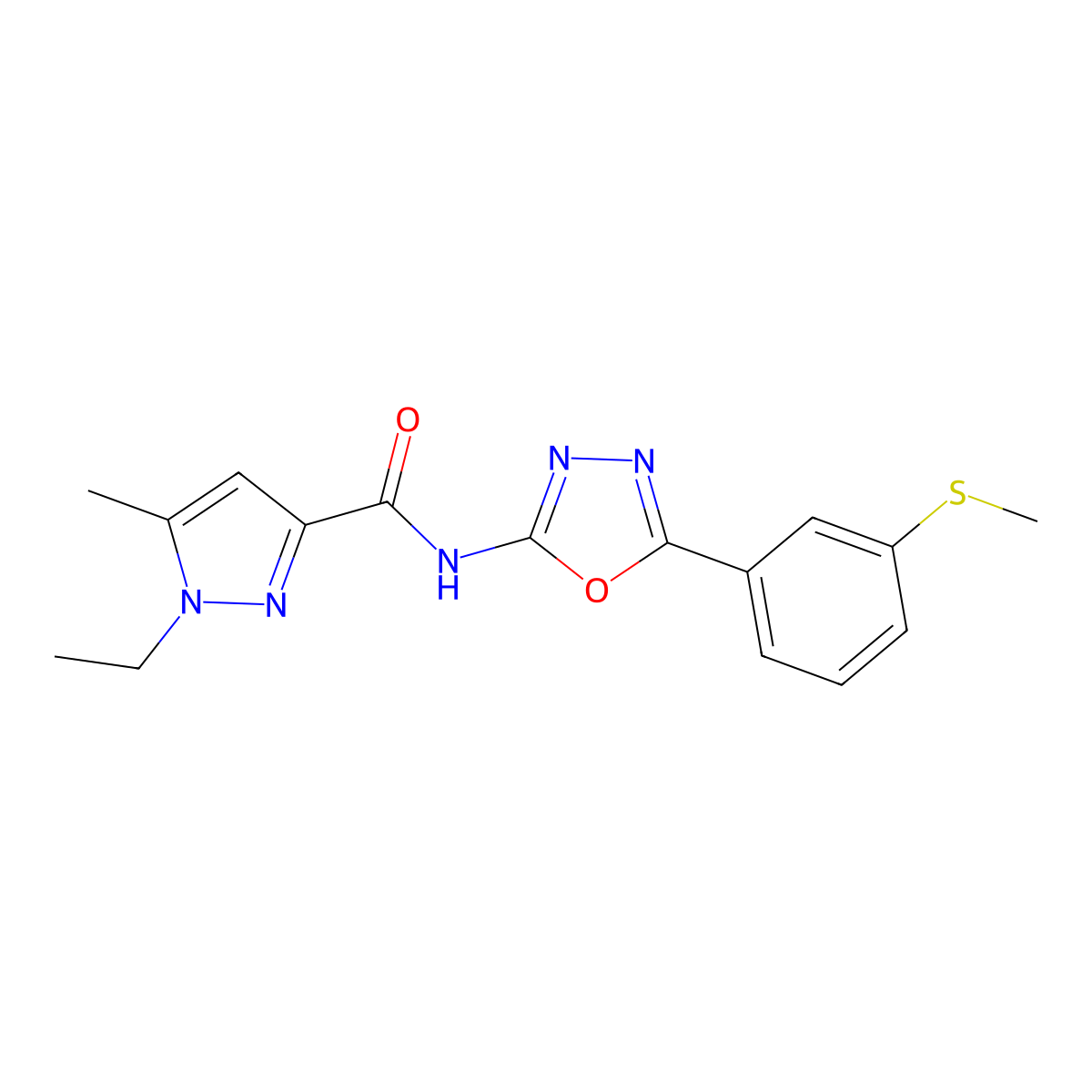 1-ethyl-5-methyl-N-(5-(3-(methylthio)phenyl)-1,3,4-oxadiazol-2-yl)-1H-pyrazole-3-carboxamide molecular structure, CAS 1171837-52-7
