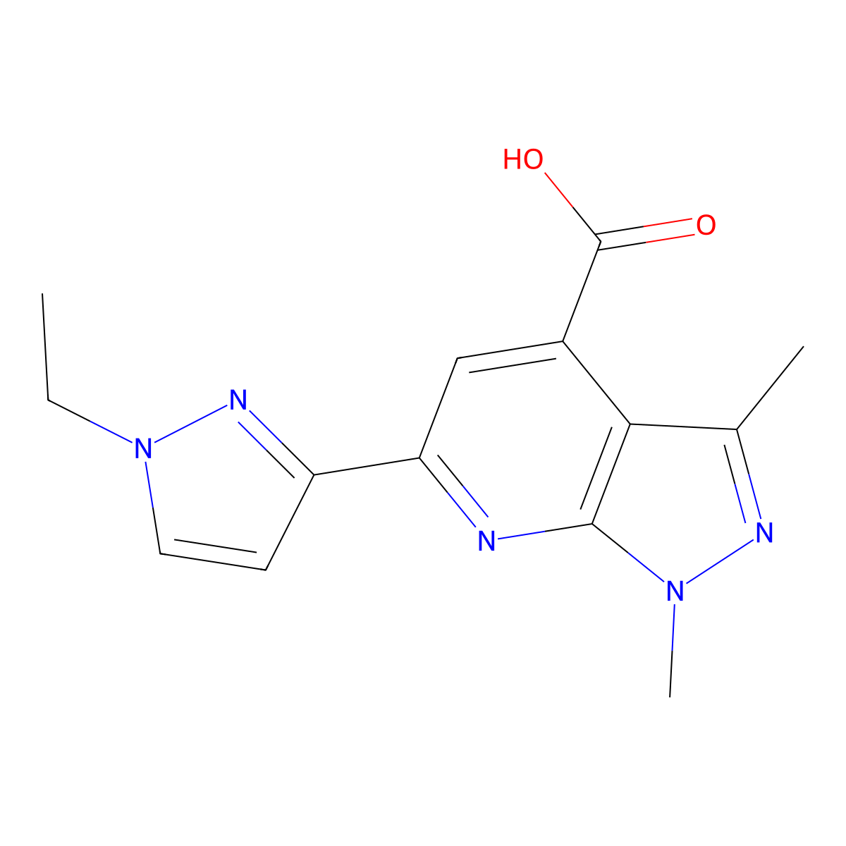 6-(1-ethyl-1H-pyrazol-3-yl)-1,3-dimethyl-1H-pyrazolo[3,4-b]pyridine-4-carboxylic acid molecular structure, CAS 1171838-47-3