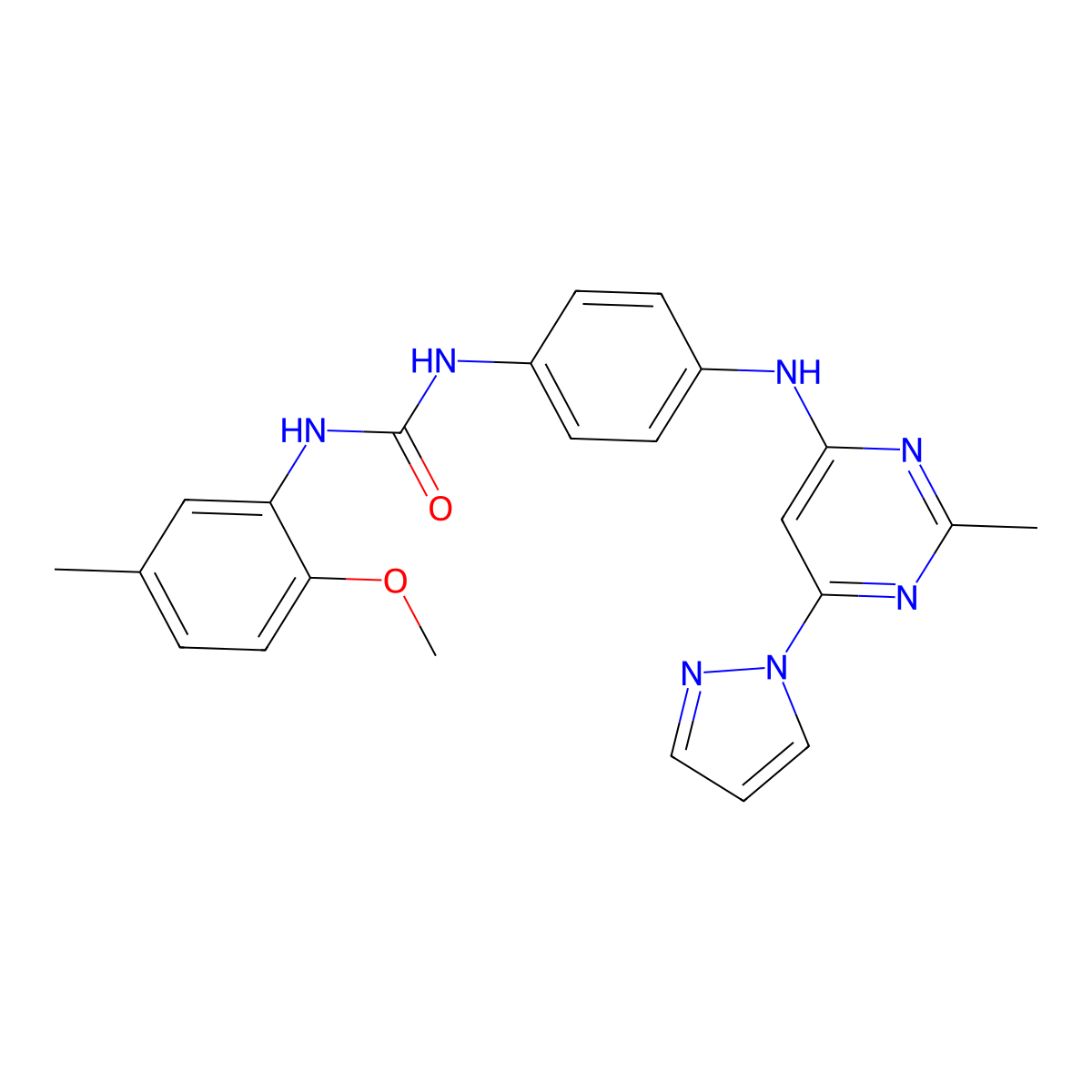 1-(2-methoxy-5-methylphenyl)-3-(4-((2-methyl-6-(1H-pyrazol-1-yl)pyrimidin-4-yl)amino)phenyl)urea molecular structure, CAS 1171838-90-6