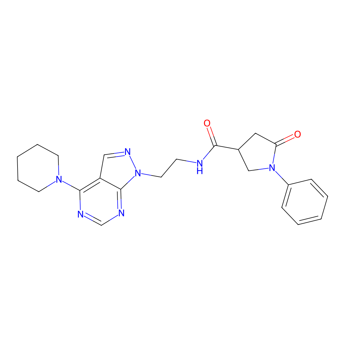 5-oxo-1-phenyl-N-{2-[4-(piperidin-1-yl)-1H-pyrazolo[3,4-d]pyrimidin-1-yl]ethyl}pyrrolidine-3-carboxamide molecular structure, CAS 1171842-17-3