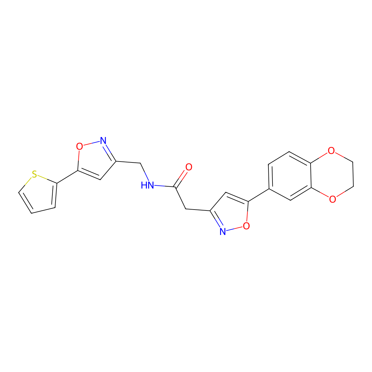 2-(5-(2,3-dihydrobenzo[b][1,4]dioxin-6-yl)isoxazol-3-yl)-N-((5-(thiophen-2-yl)isoxazol-3-yl)methyl)acetamide molecular structure, CAS 1171842-27-5