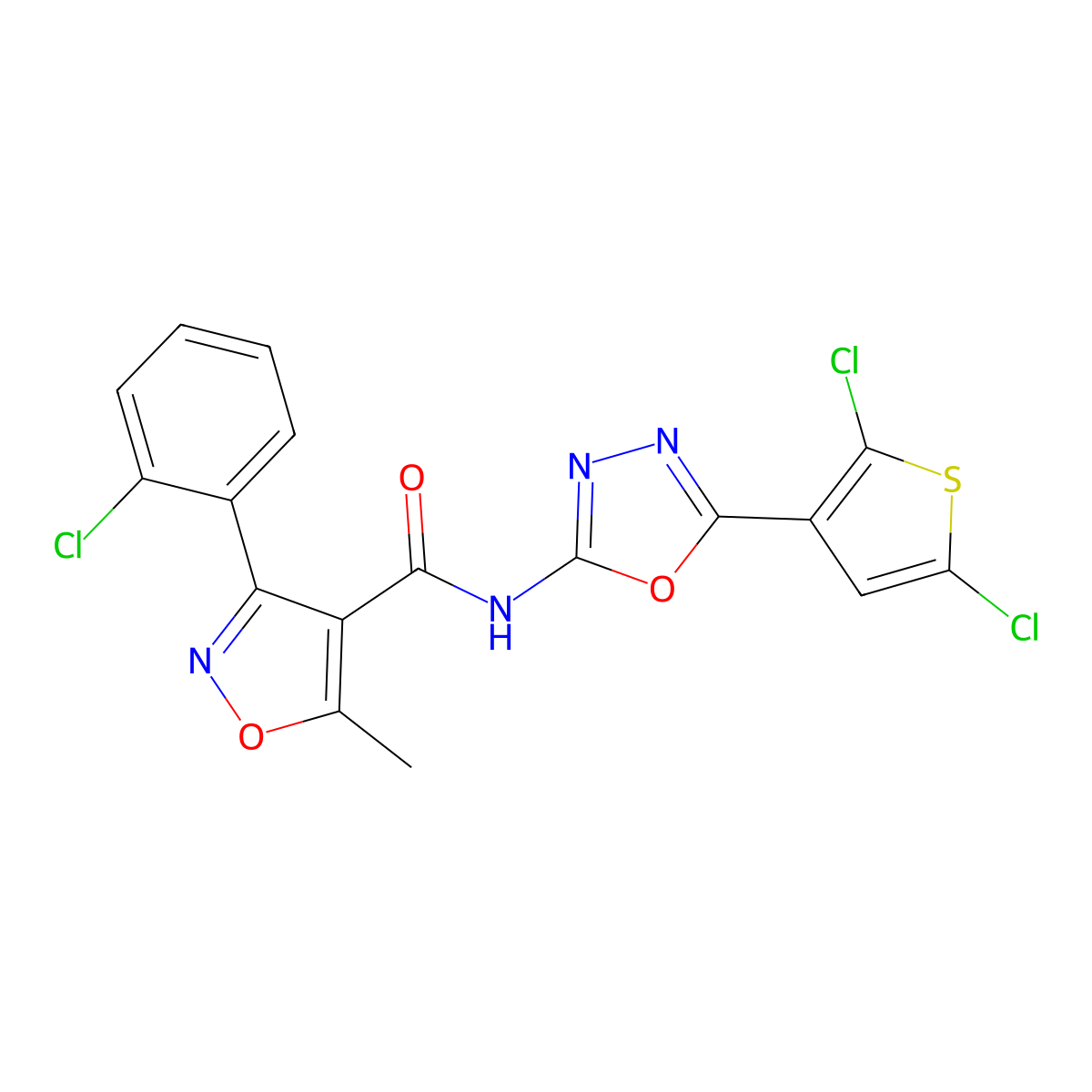 3-(2-chlorophenyl)-N-(5-(2,5-dichlorothiophen-3-yl)-1,3,4-oxadiazol-2-yl)-5-methylisoxazole-4-carboxamide molecular structure, CAS 1171844-16-8