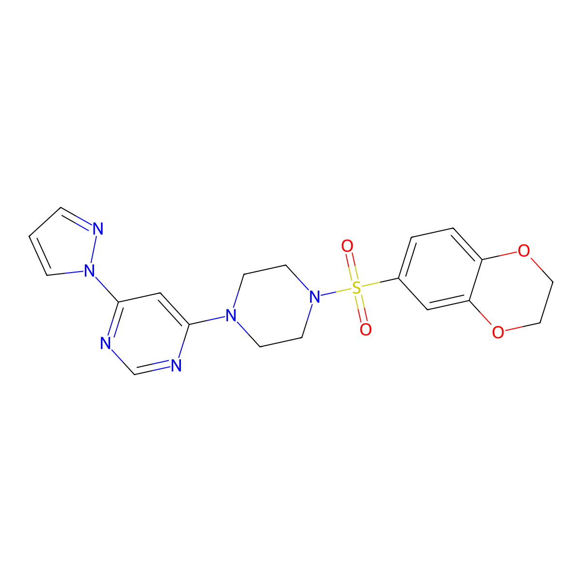 4-(4-((2,3-dihydrobenzo[b][1,4]dioxin-6-yl)sulfonyl)piperazin-1-yl)-6-(1H-pyrazol-1-yl)pyrimidine molecular structure, CAS 1171845-49-0