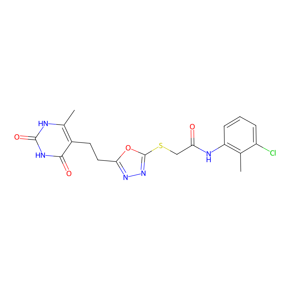 N-(3-chloro-2-methylphenyl)-2-((5-(2-(6-methyl-2,4-dioxo-1,2,3,4-tetrahydropyrimidin-5-yl)ethyl)-1,3,4-oxadiazol-2-yl)thio)acetamide molecular structure, CAS 1171845-55-8