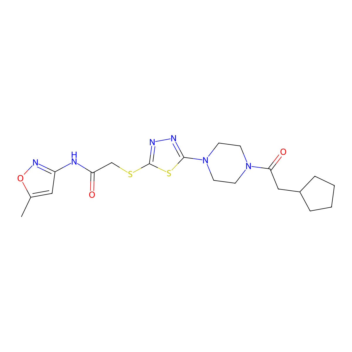 2-((5-(4-(2-cyclopentylacetyl)piperazin-1-yl)-1,3,4-thiadiazol-2-yl)thio)-N-(5-methylisoxazol-3-yl)acetamide molecular structure, CAS 1171845-75-2