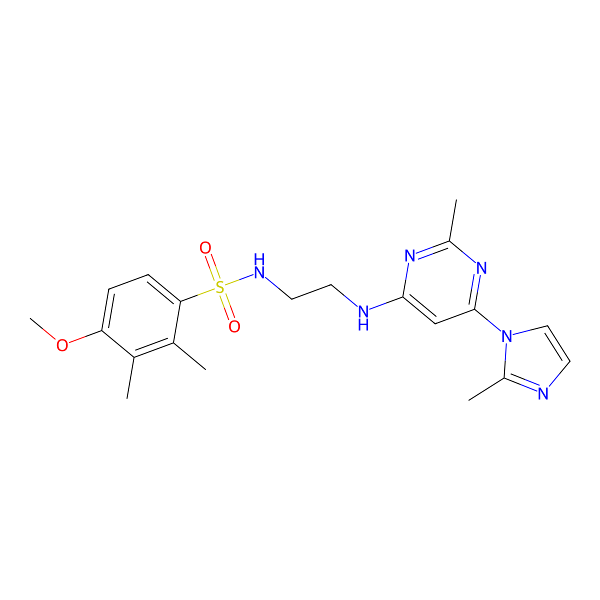 4-methoxy-2,3-dimethyl-N-(2-((2-methyl-6-(2-methyl-1H-imidazol-1-yl)pyrimidin-4-yl)amino)ethyl)benzenesulfonamide molecular structure, CAS 1171847-57-6