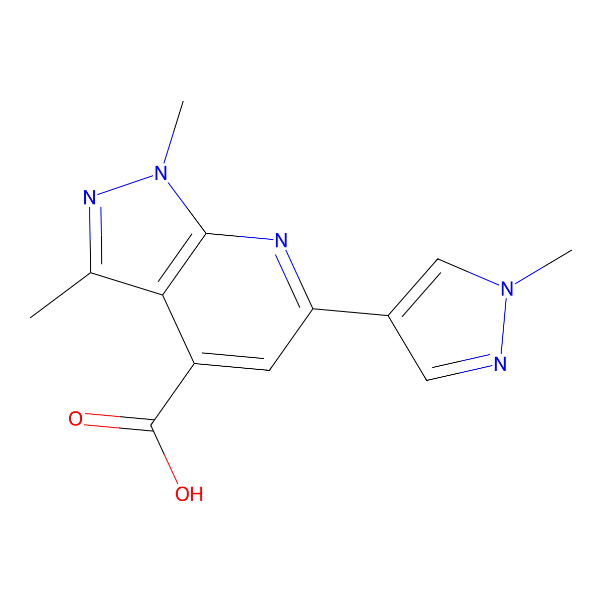 1,3-dimethyl-6-(1-methyl-1H-pyrazol-4-yl)-1H-pyrazolo[3,4-b]pyridine-4-carboxylic acid molecular structure, CAS 1171848-55-7