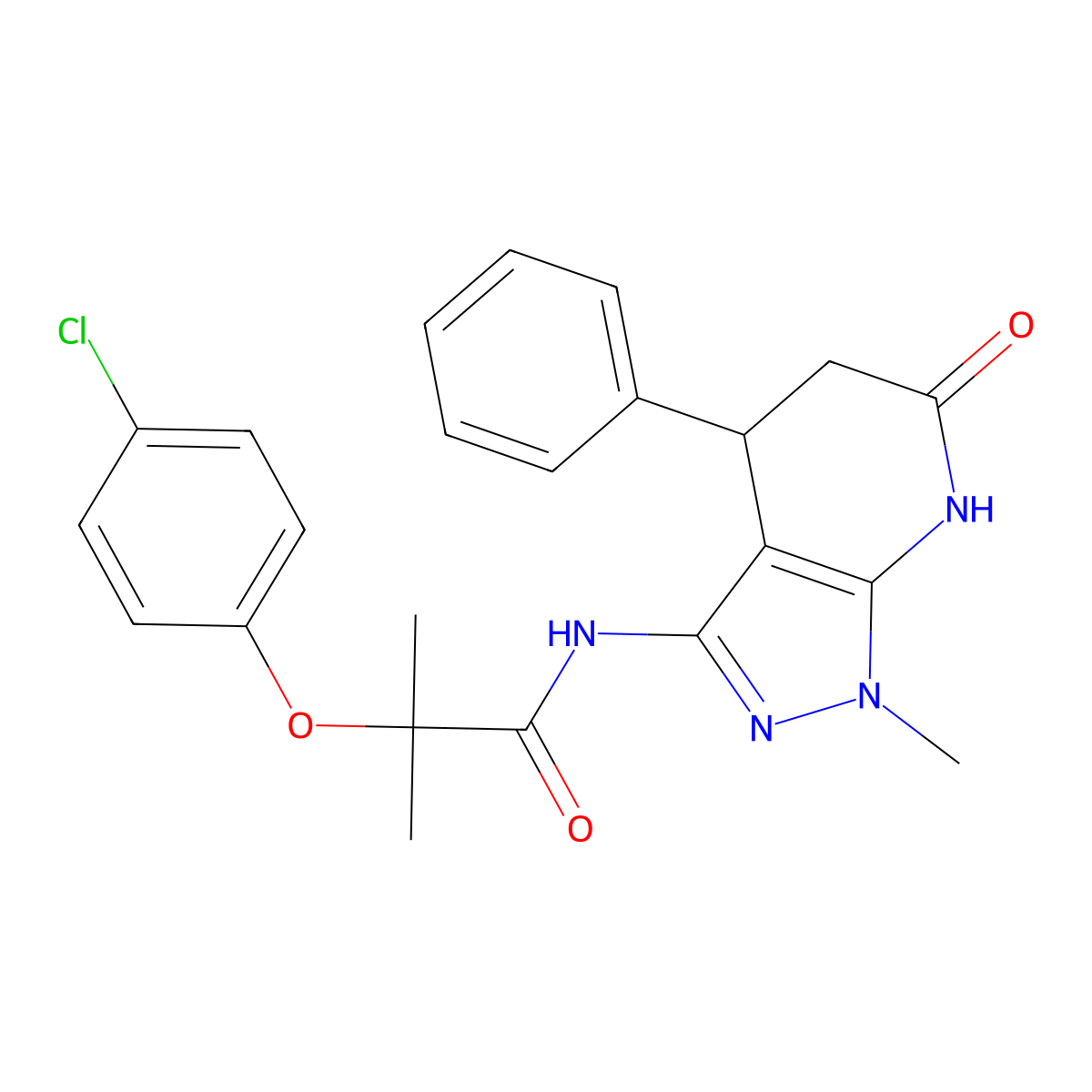 2-(4-chlorophenoxy)-2-methyl-N-(1-methyl-6-oxo-4-phenyl-4,5,6,7-tetrahydro-1H-pyrazolo[3,4-b]pyridin-3-yl)propanamide molecular structure, CAS 1171850-36-4