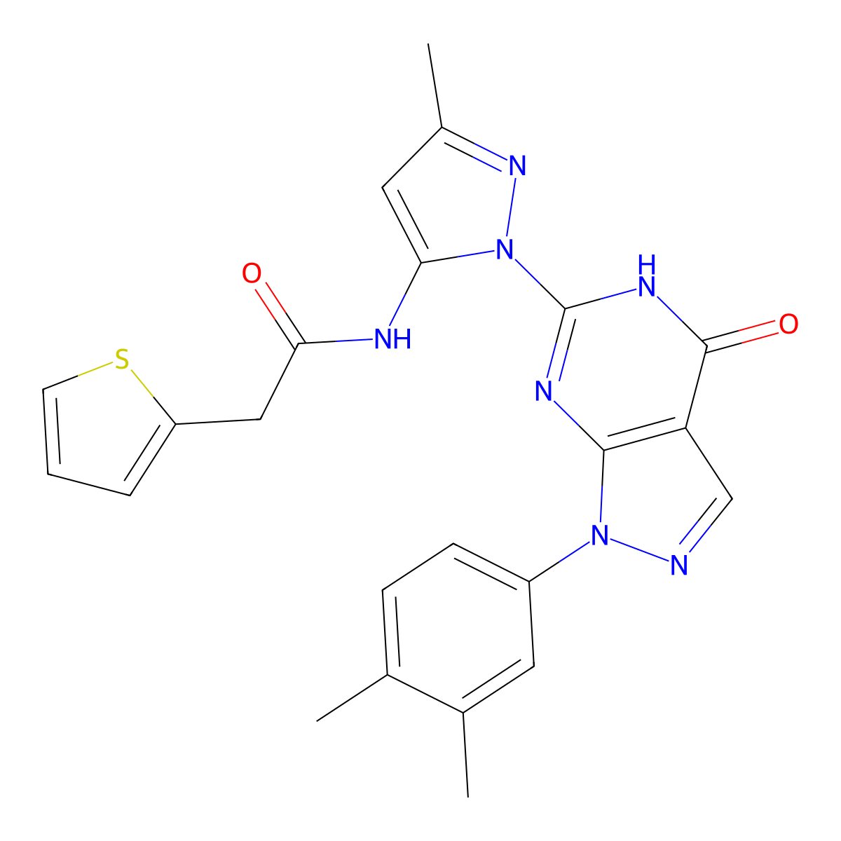 N-(1-(1-(3,4-dimethylphenyl)-4-oxo-4,5-dihydro-1H-pyrazolo[3,4-d]pyrimidin-6-yl)-3-methyl-1H-pyrazol-5-yl)-2-(thiophen-2-yl)acetamide molecular structure, CAS 1171850-42-2