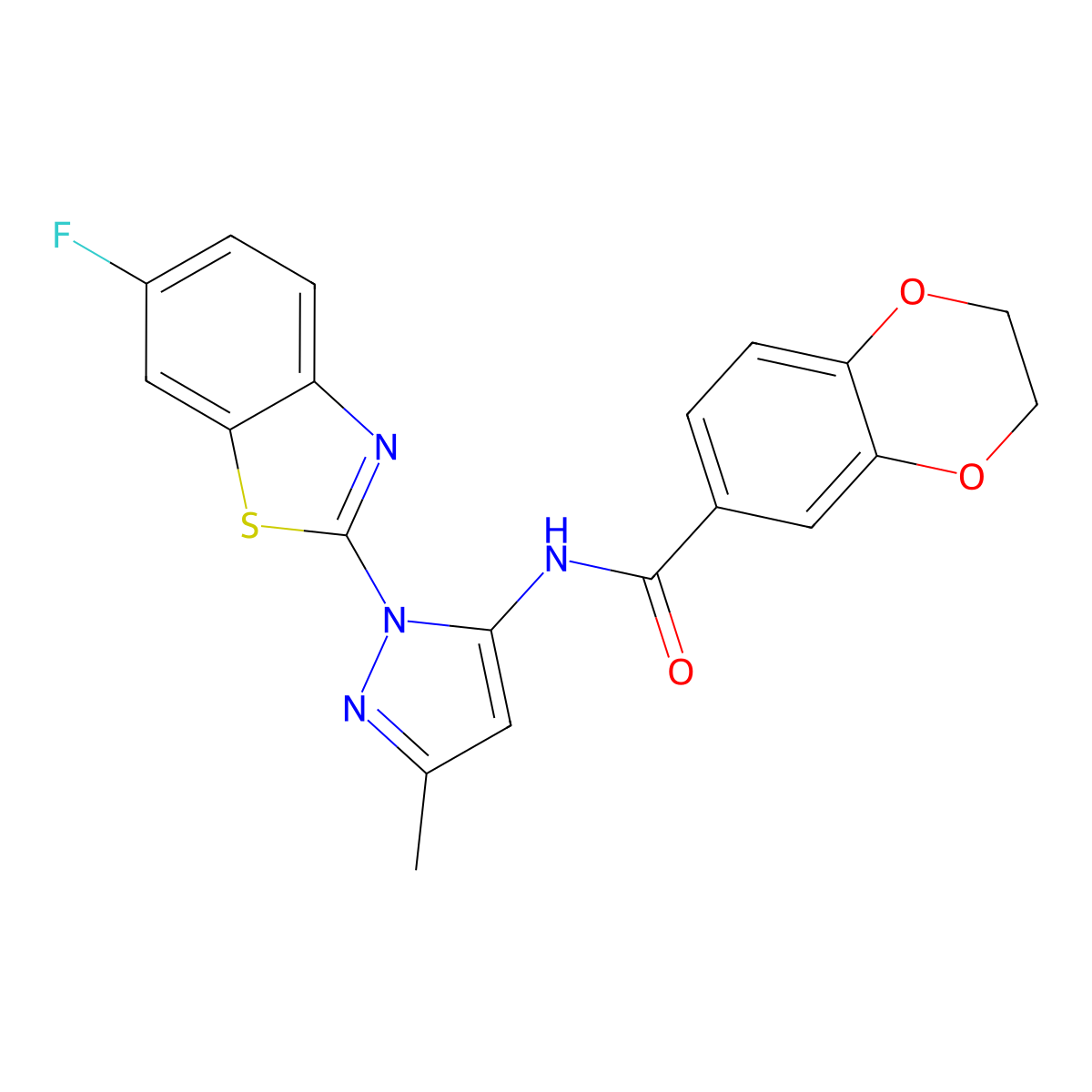 N-[1-(6-fluoro-1,3-benzothiazol-2-yl)-3-methyl-1H-pyrazol-5-yl]-2,3-dihydro-1,4-benzodioxine-6-carboxamide molecular structure, CAS 1171853-68-1