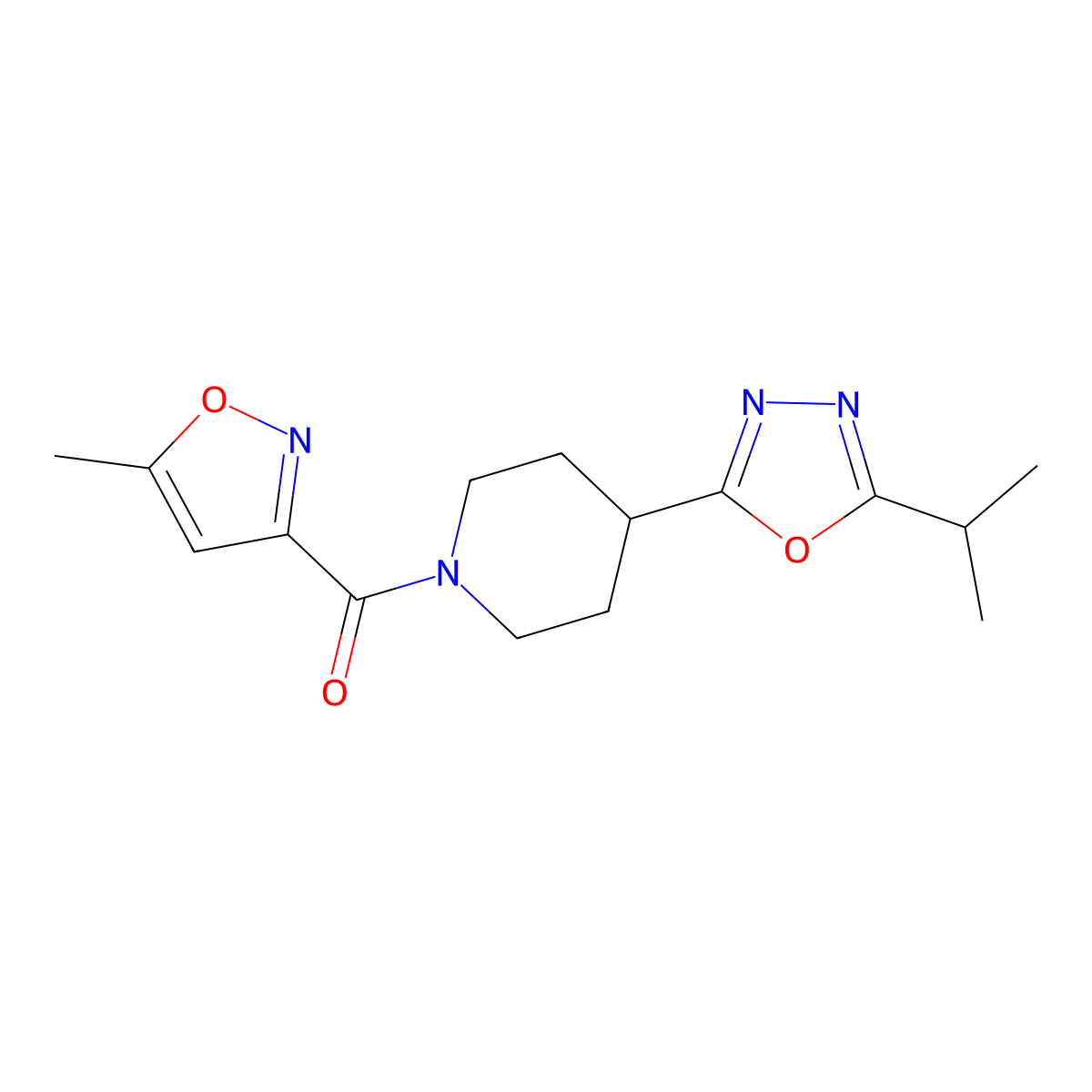 (4-(5-Isopropyl-1,3,4-oxadiazol-2-yl)piperidin-1-yl)(5-methylisoxazol-3-yl)methanone molecular structure, CAS 1171855-44-9