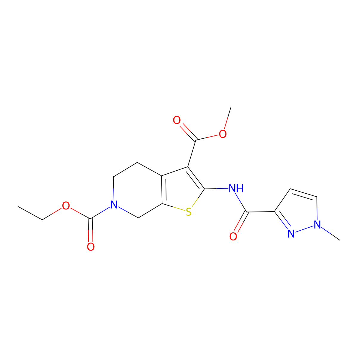 6-ethyl 3-methyl 2-(1-methyl-1H-pyrazole-3-carboxamido)-4,5-dihydrothieno[2,3-c]pyridine-3,6(7H)-dicarboxylate molecular structure, CAS 1171855-92-7