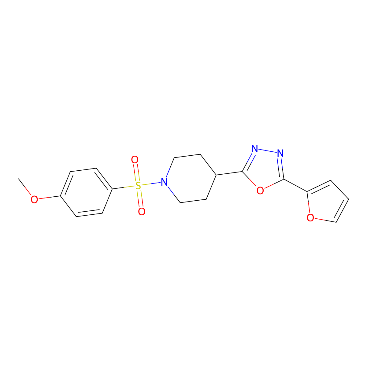 2-(Furan-2-yl)-5-(1-((4-methoxyphenyl)sulfonyl)piperidin-4-yl)-1,3,4-oxadiazole molecular structure, CAS 1171857-28-5