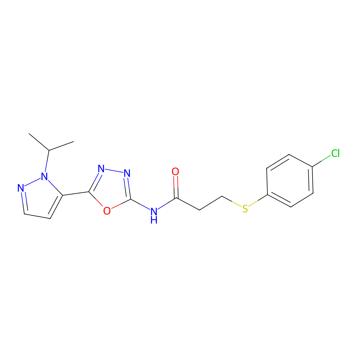 3-((4-chlorophenyl)thio)-N-(5-(1-isopropyl-1H-pyrazol-5-yl)-1,3,4-oxadiazol-2-yl)propanamide molecular structure, CAS 1171859-13-4
