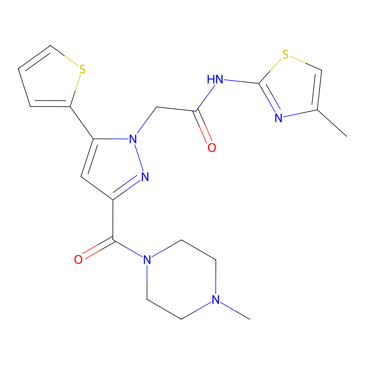 2-(3-(4-methylpiperazine-1-carbonyl)-5-(thiophen-2-yl)-1H-pyrazol-1-yl)-N-(4-methylthiazol-2-yl)acetamide molecular structure, CAS 1171859-41-8