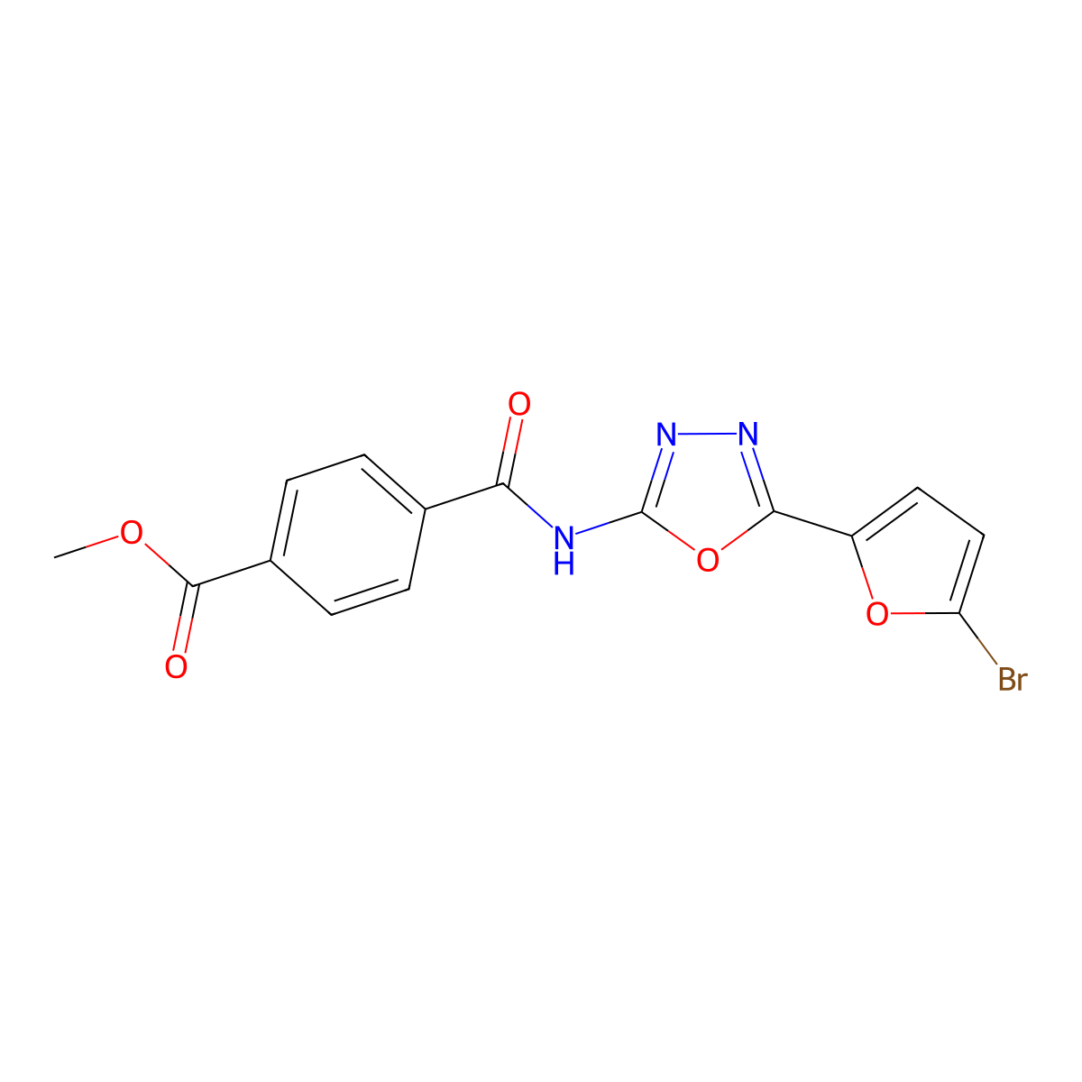 Methyl 4-((5-(5-bromofuran-2-yl)-1,3,4-oxadiazol-2-yl)carbamoyl)benzoate molecular structure, CAS 1171859-90-7