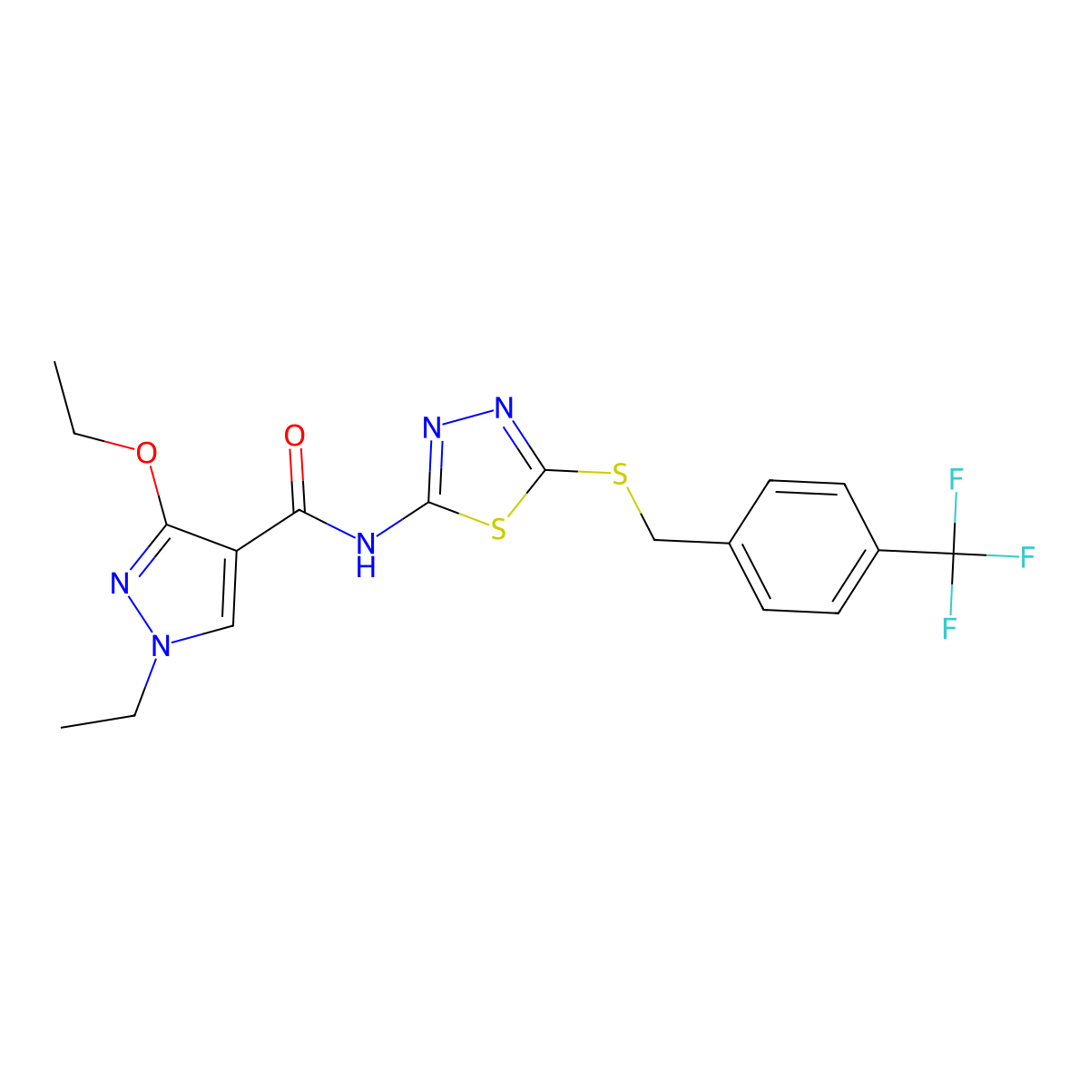 3-ethoxy-1-ethyl-N-(5-((4-(trifluoromethyl)benzyl)thio)-1,3,4-thiadiazol-2-yl)-1H-pyrazole-4-carboxamide molecular structure, CAS 1171860-67-5