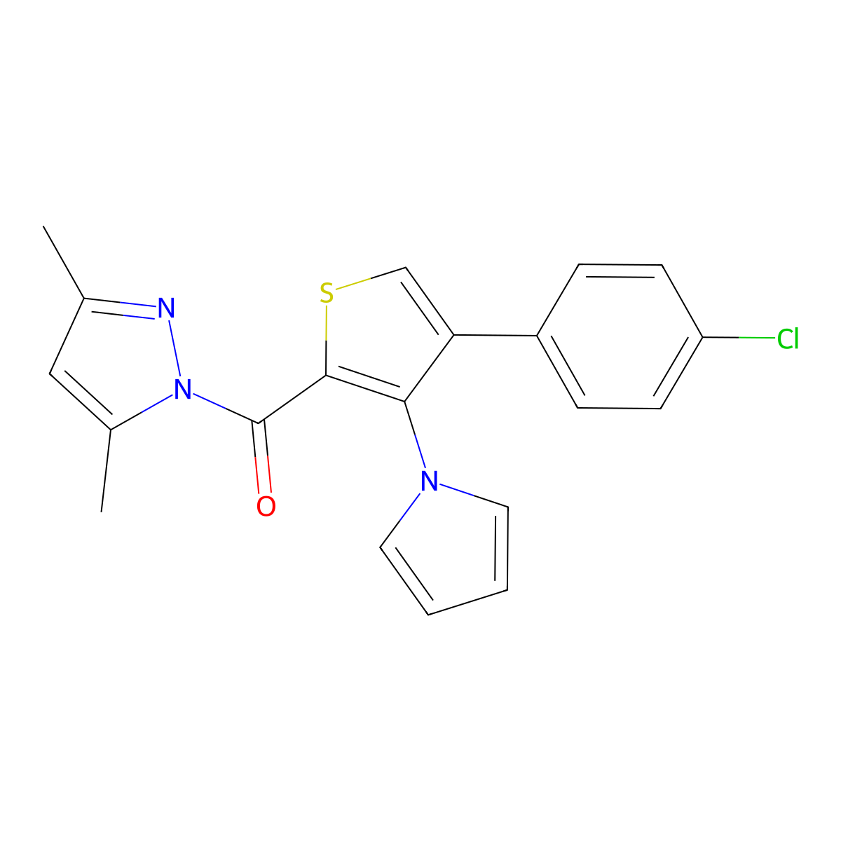 1-[4-(4-chlorophenyl)-3-(1H-pyrrol-1-yl)thiophene-2-carbonyl]-3,5-dimethyl-1H-pyrazole molecular structure, CAS 1171861-24-7