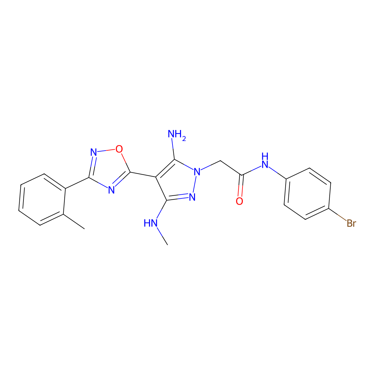 2-(5-amino-3-(methylamino)-4-(3-(o-tolyl)-1,2,4-oxadiazol-5-yl)-1H-pyrazol-1-yl)-N-(4-bromophenyl)acetamide molecular structure, CAS 1171862-26-2