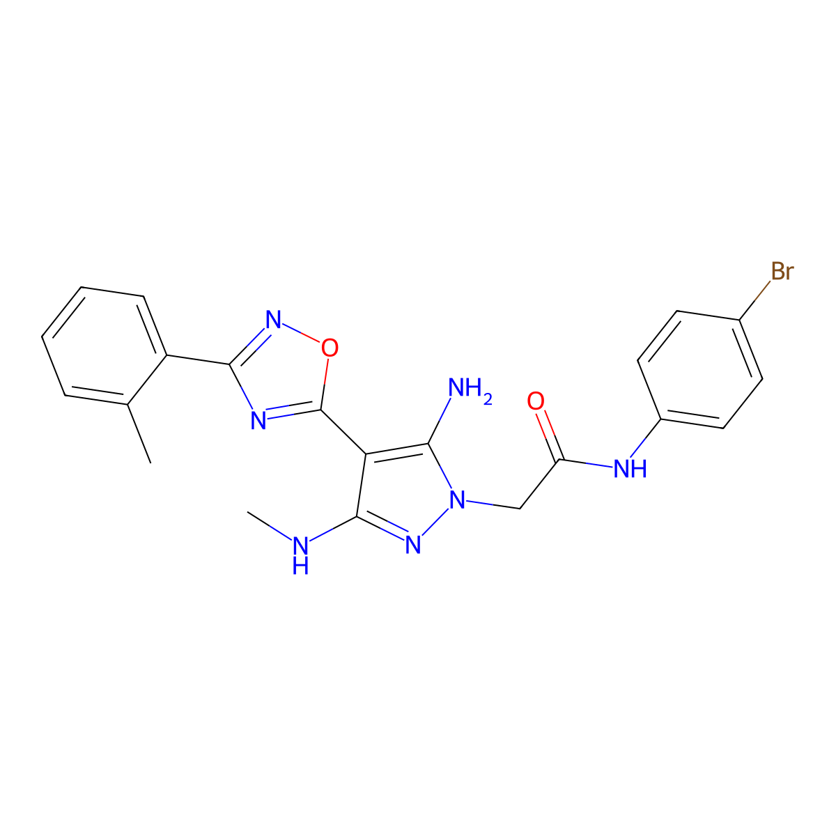 2-(5-amino-3-(methylamino)-4-(3-(o-tolyl)-1,2,4-oxadiazol-5-yl)-1H-pyrazol-1-yl)-N-(4-bromophenyl)acetamide molecular structure, CAS 1171862-26-2