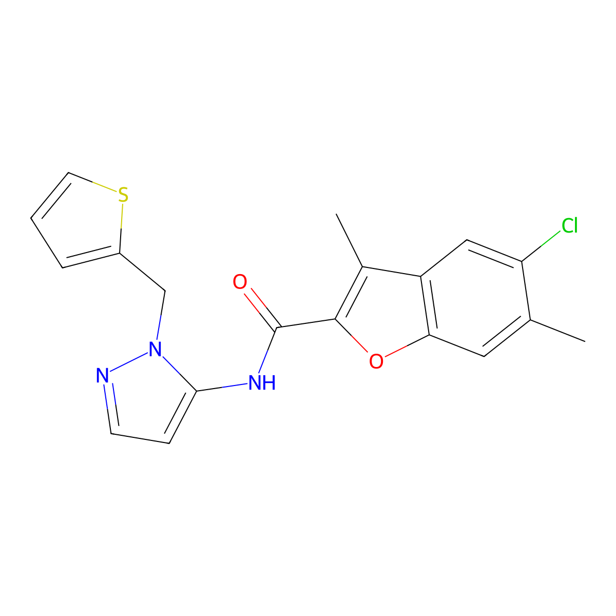 5-chloro-3,6-dimethyl-N-[1-(thiophen-2-ylmethyl)-1H-pyrazol-5-yl]-1-benzofuran-2-carboxamide molecular structure, CAS 1171866-87-7