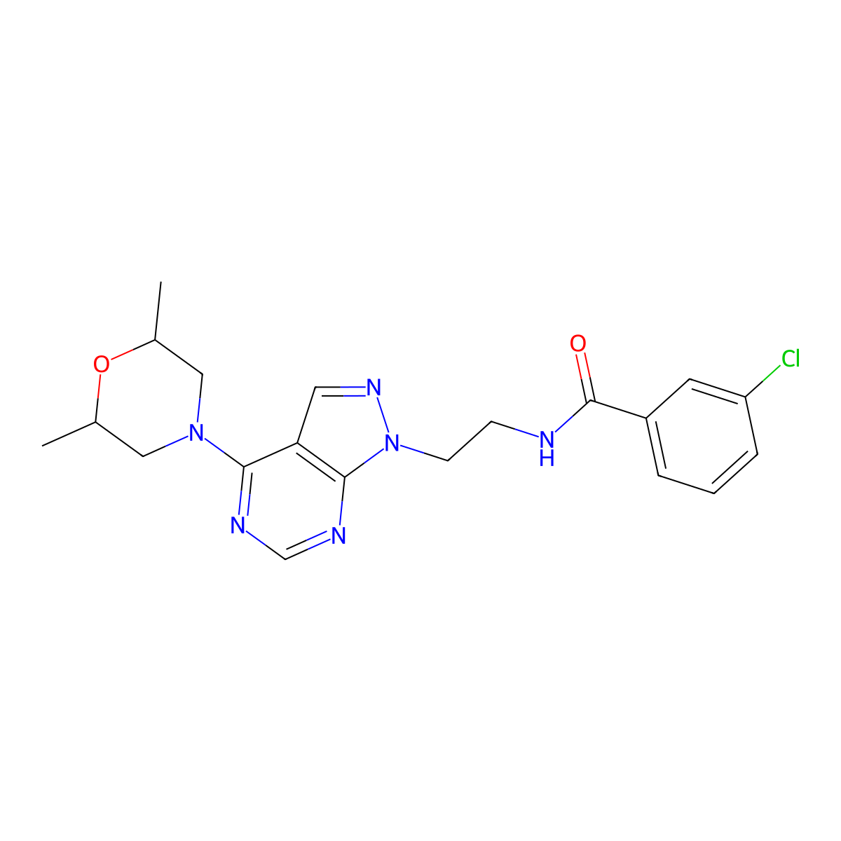 3-chloro-N-(2-(4-(2,6-dimethylmorpholino)-1H-pyrazolo[3,4-d]pyrimidin-1-yl)ethyl)benzamide molecular structure, CAS 1171868-15-7
