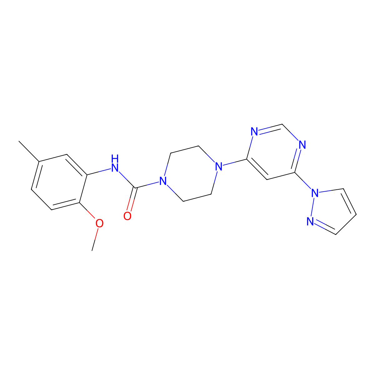 4-(6-(1H-pyrazol-1-yl)pyrimidin-4-yl)-N-(2-methoxy-5-methylphenyl)piperazine-1-carboxamide molecular structure, CAS 1171868-92-0