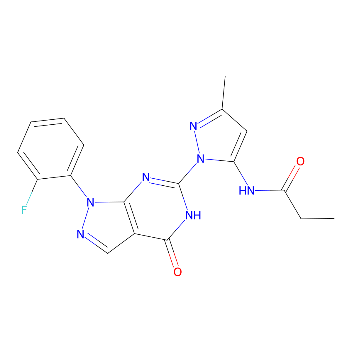N-(1-(1-(2-fluorophenyl)-4-oxo-4,5-dihydro-1H-pyrazolo[3,4-d]pyrimidin-6-yl)-3-methyl-1H-pyrazol-5-yl)propionamide molecular structure, CAS 1171869-18-3