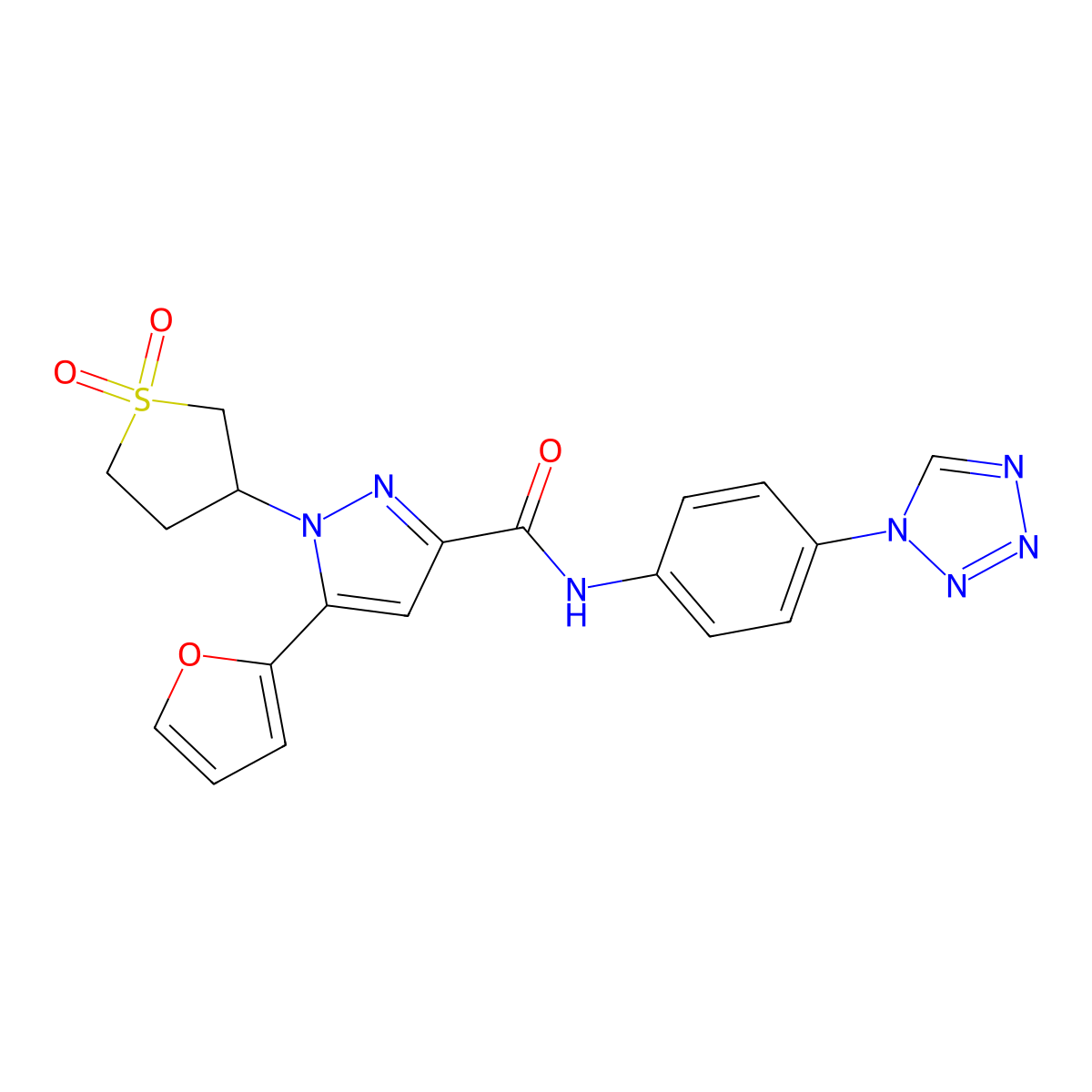 N-(4-(1H-tetrazol-1-yl)phenyl)-1-(1,1-dioxidotetrahydrothiophen-3-yl)-5-(furan-2-yl)-1H-pyrazole-3-carboxamide molecular structure, CAS 1171871-01-4
