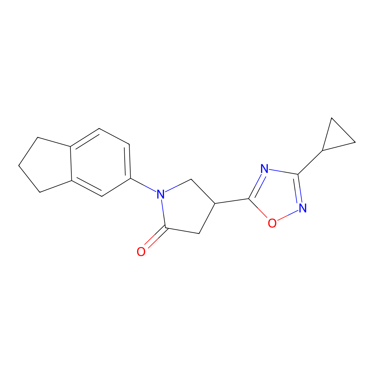 4-(3-cyclopropyl-1,2,4-oxadiazol-5-yl)-1-(2,3-dihydro-1H-inden-5-yl)pyrrolidin-2-one molecular structure, CAS 1171871-20-7