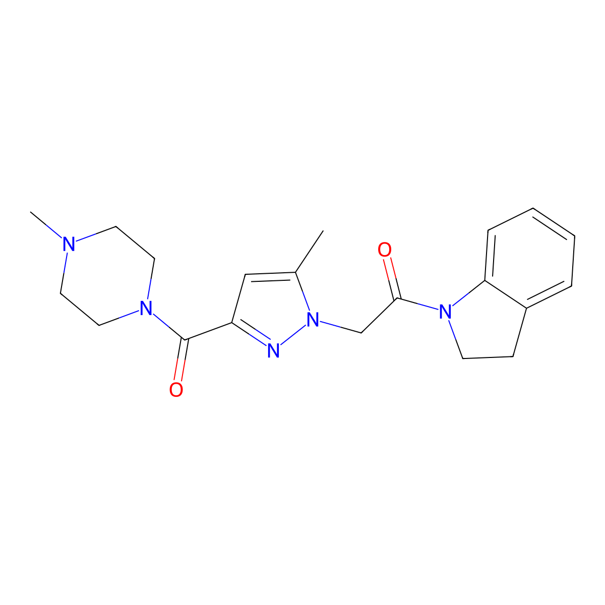 1-(indolin-1-yl)-2-(5-methyl-3-(4-methylpiperazine-1-carbonyl)-1H-pyrazol-1-yl)ethanone molecular structure, CAS 1171872-40-4