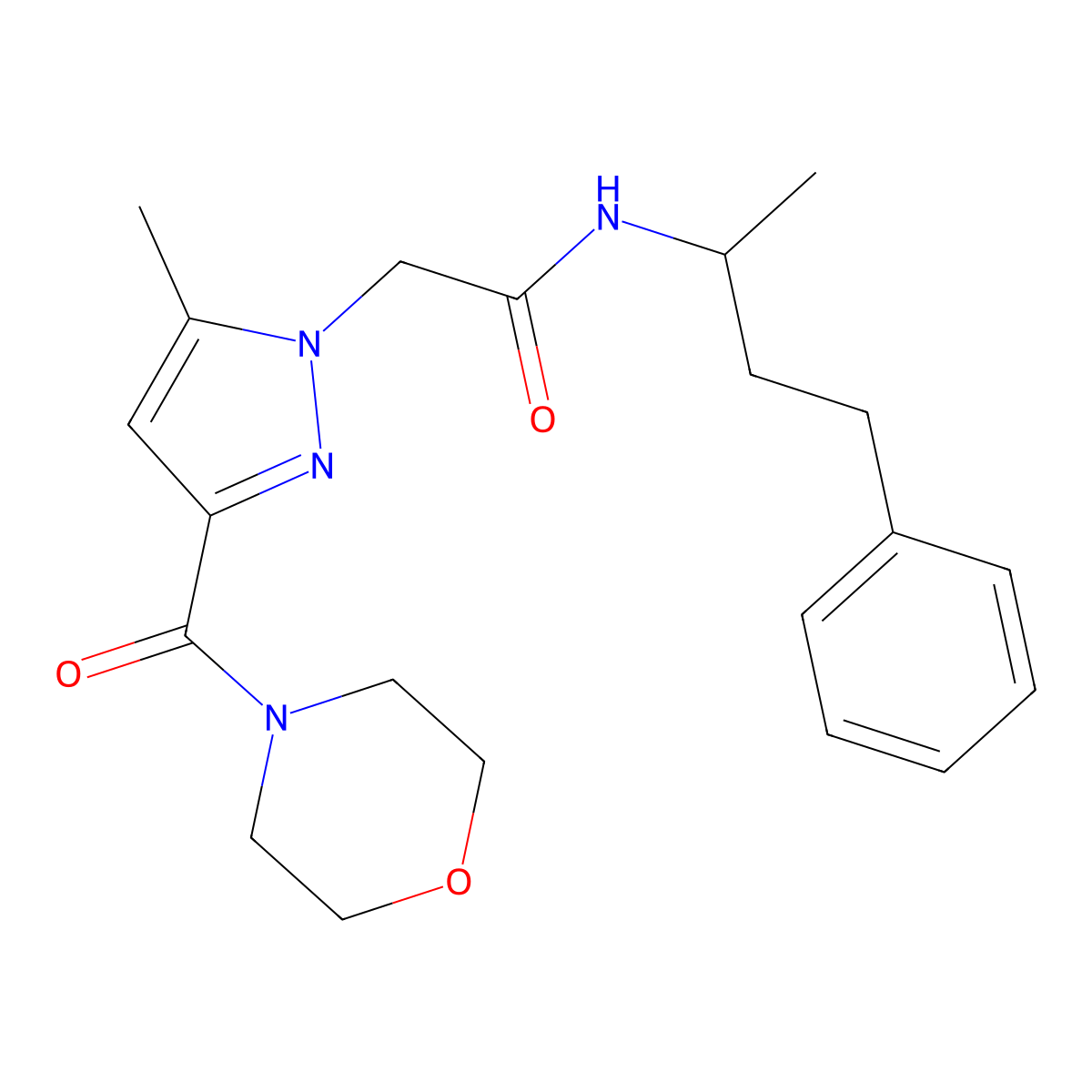 2-(5-methyl-3-(morpholine-4-carbonyl)-1H-pyrazol-1-yl)-N-(4-phenylbutan-2-yl)acetamide molecular structure, CAS 1171873-94-1