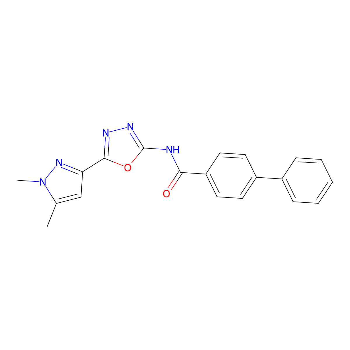 N-(5-(1,5-dimethyl-1H-pyrazol-3-yl)-1,3,4-oxadiazol-2-yl)-[1,1'-biphenyl]-4-carboxamide molecular structure, CAS 1171875-96-9