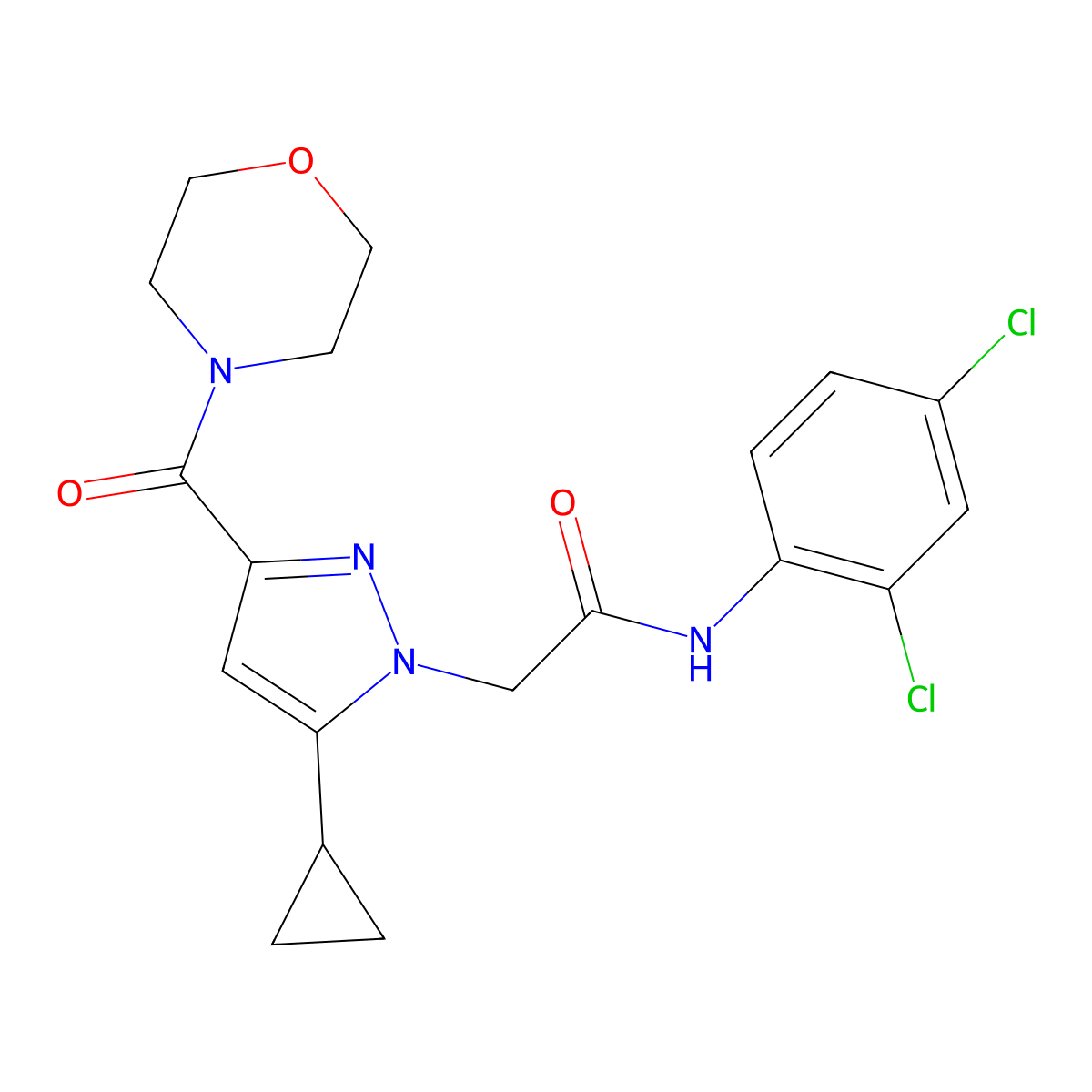 2-(5-cyclopropyl-3-(morpholine-4-carbonyl)-1H-pyrazol-1-yl)-N-(2,4-dichlorophenyl)acetamide molecular structure, CAS 1171876-66-6