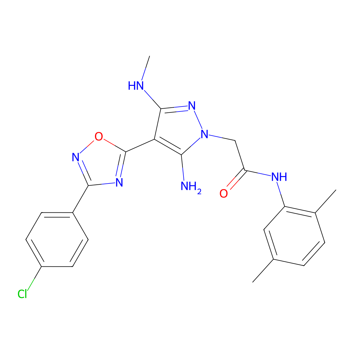 2-(5-amino-4-(3-(4-chlorophenyl)-1,2,4-oxadiazol-5-yl)-3-(methylamino)-1H-pyrazol-1-yl)-N-(2,5-dimethylphenyl)acetamide molecular structure, CAS 1171877-05-6