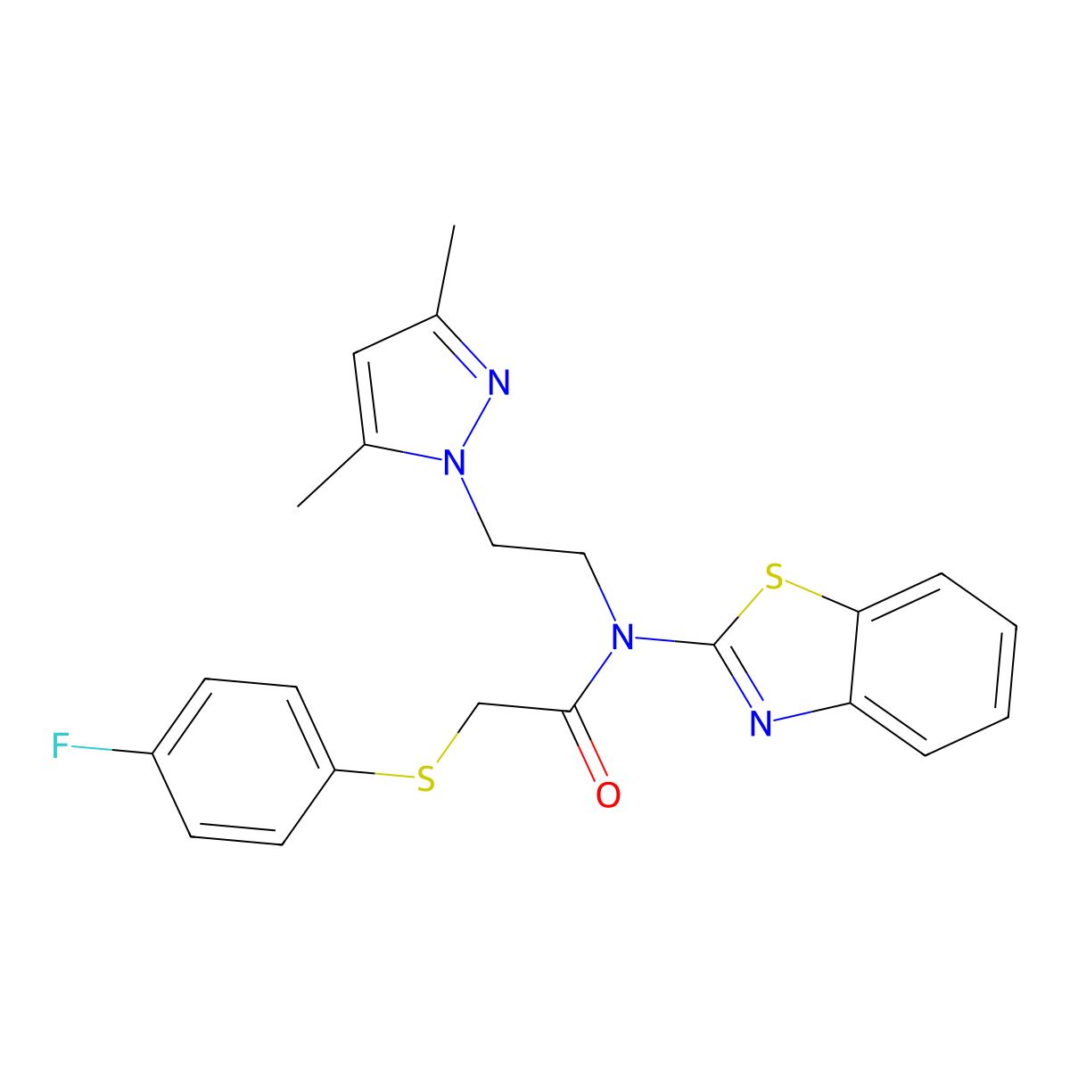 N-(benzo[d]thiazol-2-yl)-N-(2-(3,5-dimethyl-1H-pyrazol-1-yl)ethyl)-2-((4-fluorophenyl)thio)acetamide molecular structure, CAS 1171879-49-4