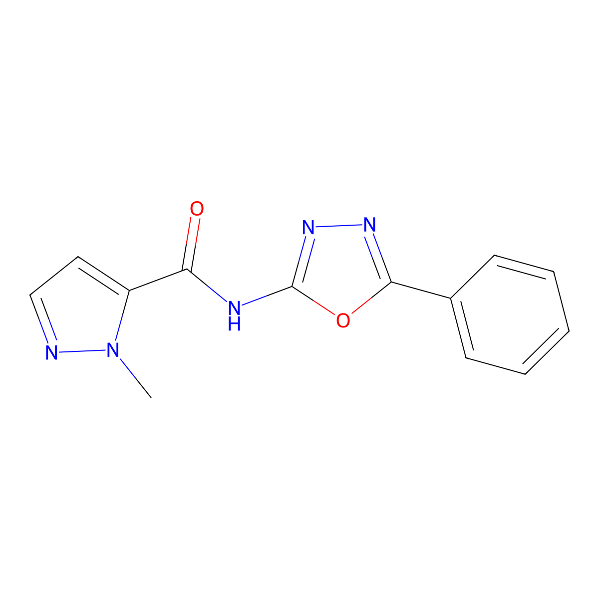 1-methyl-N-(5-phenyl-1,3,4-oxadiazol-2-yl)-1H-pyrazole-5-carboxamide molecular structure, CAS 1171883-88-7