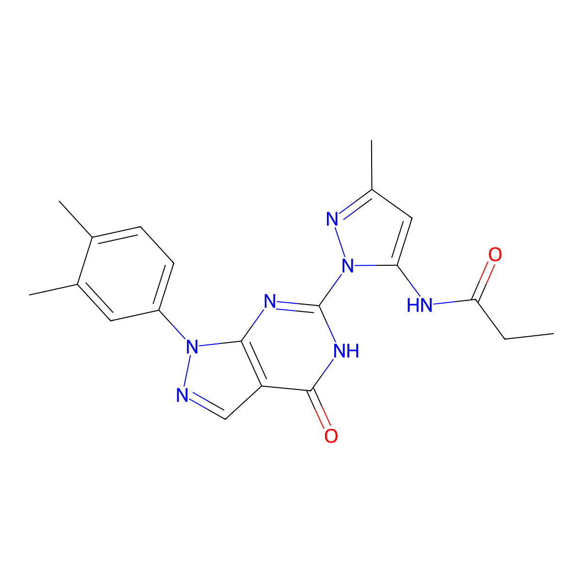 N-(1-(1-(3,4-dimethylphenyl)-4-oxo-4,5-dihydro-1H-pyrazolo[3,4-d]pyrimidin-6-yl)-3-methyl-1H-pyrazol-5-yl)propionamide molecular structure, CAS 1171886-03-5
