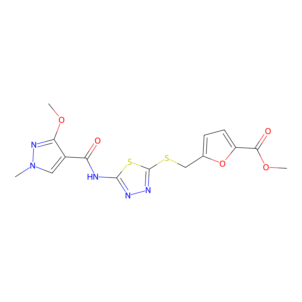 methyl 5-(((5-(3-methoxy-1-methyl-1H-pyrazole-4-carboxamido)-1,3,4-thiadiazol-2-yl)thio)methyl)furan-2-carboxylate molecular structure, CAS 1171886-89-7